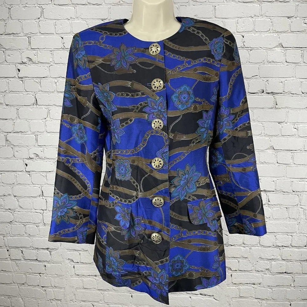VTG Khanitha Floral 100% Thai Silk Lightweight Padded Blazer Size 36 US Small S